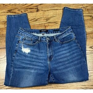 Judy Blue Mid Rise Boyfriend Distressed Denim Jeans Women's Dark Wash Sz 32x27